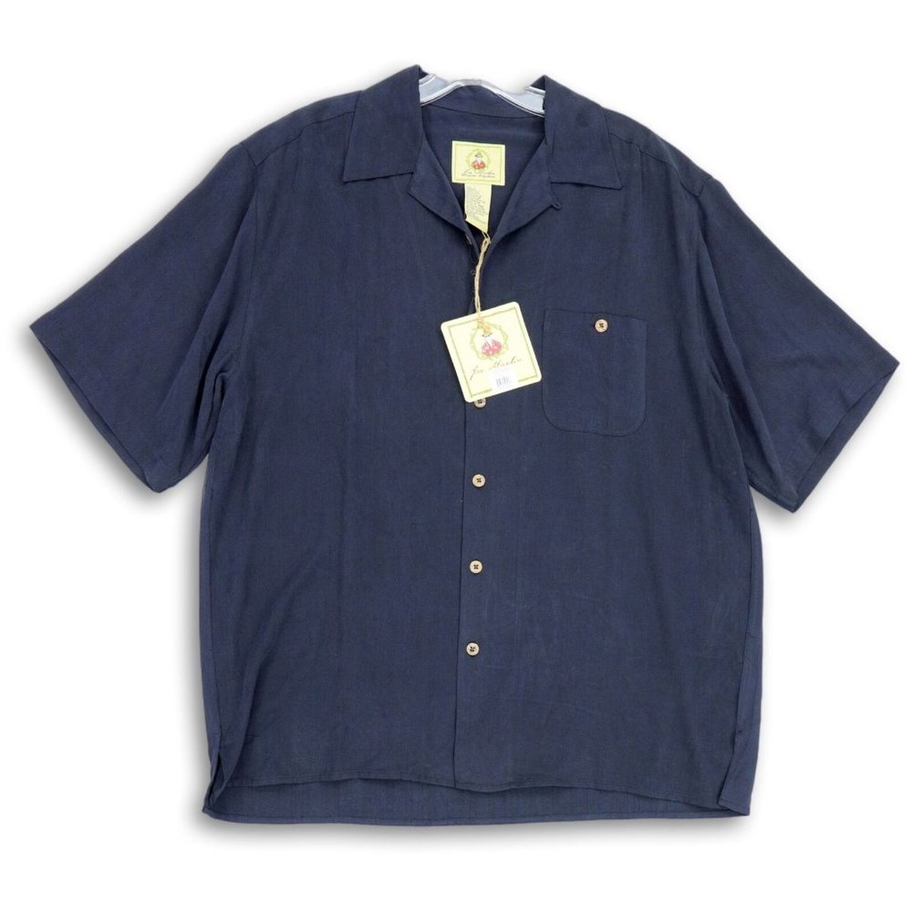 NWT JOE‎ MARLIN SILK EMBROIDERED COCKTAIL ISLE NAVY BUTTON FRONT SHIRT LARGE